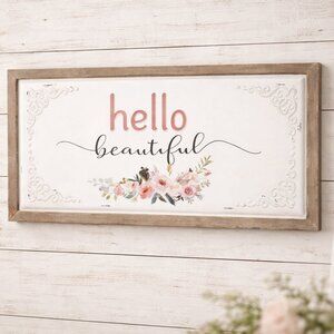 Shabby Chic "Hello Beautiful" Metal Wall Sign for Farmhouse Style Home Decor